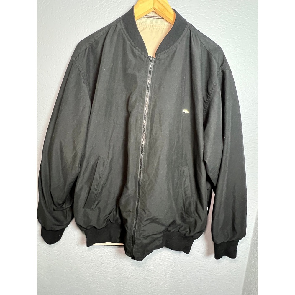 Lacoste Reversible Bomber Jacket Black Tan Full Zip Mens XL Logo Lightweight